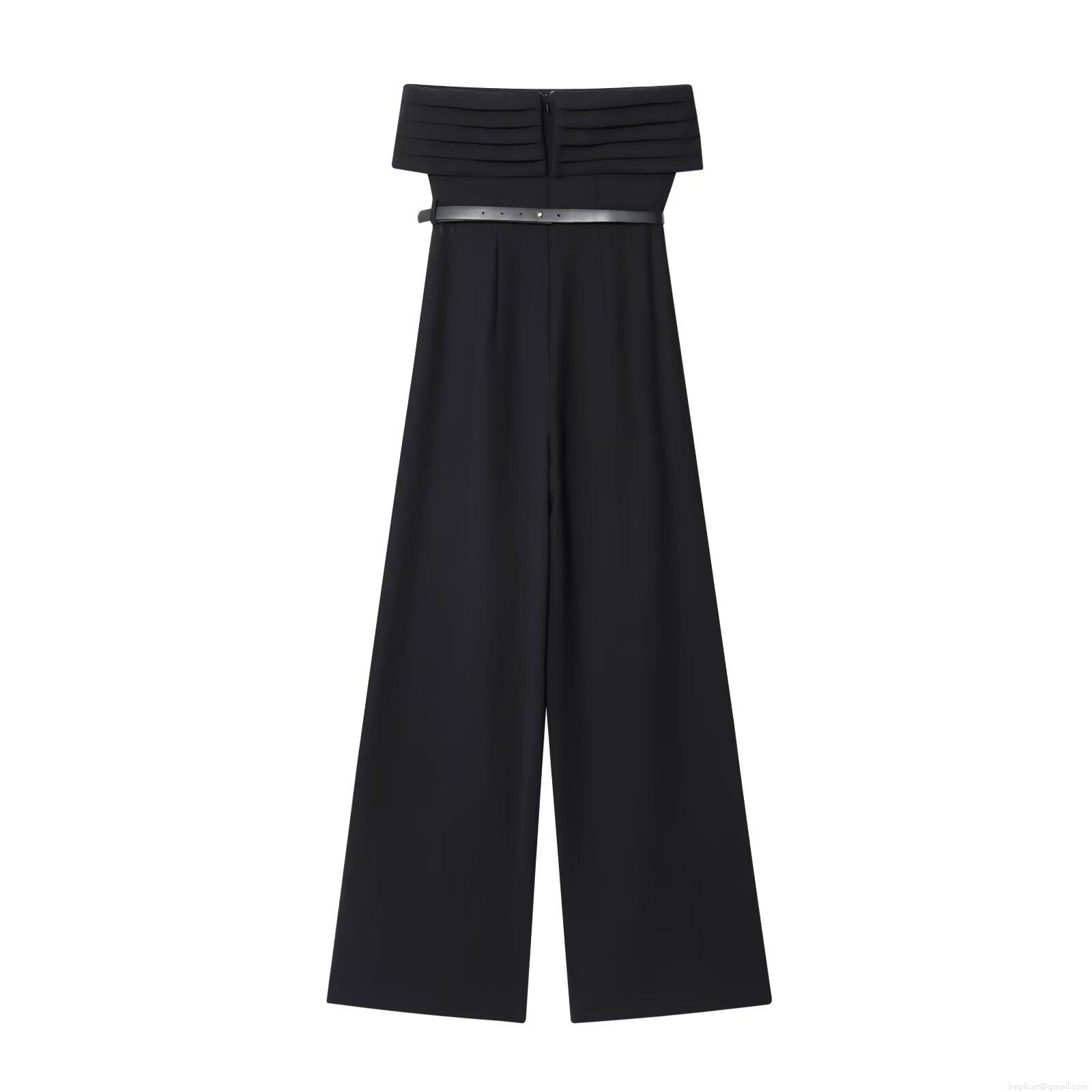 Women's Strapless Tube Top Wide Leg Jumpsuit With Belt Elegant Black Solid Polyester Romper For Evening Party Clubwear Streetwear