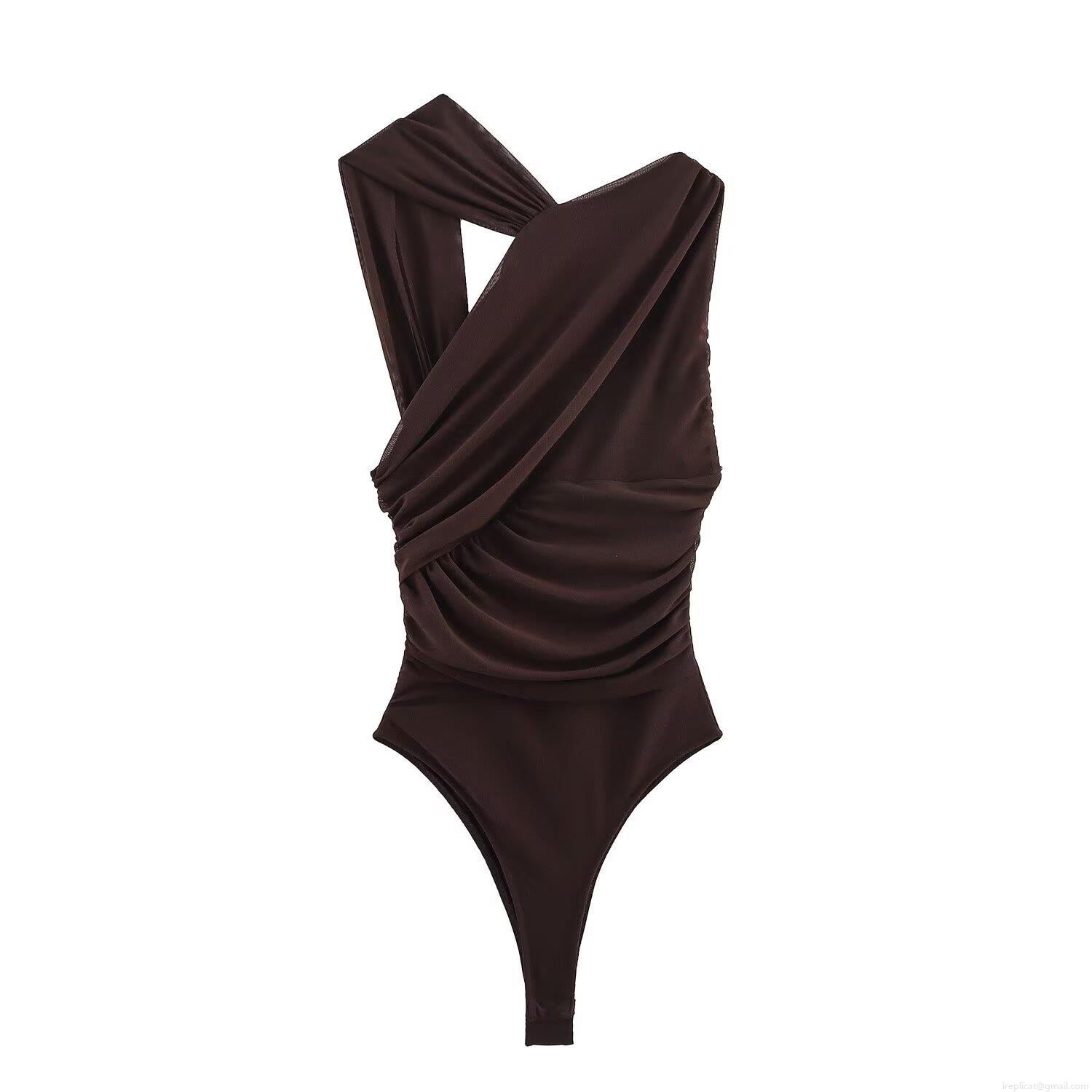 Women's One Shoulder Ruched Mesh Bodysuit Sexy Backless Sleeveless Leopard Floral Print Bodycon Jumpsuit Top For Party Clubwear Streetwear