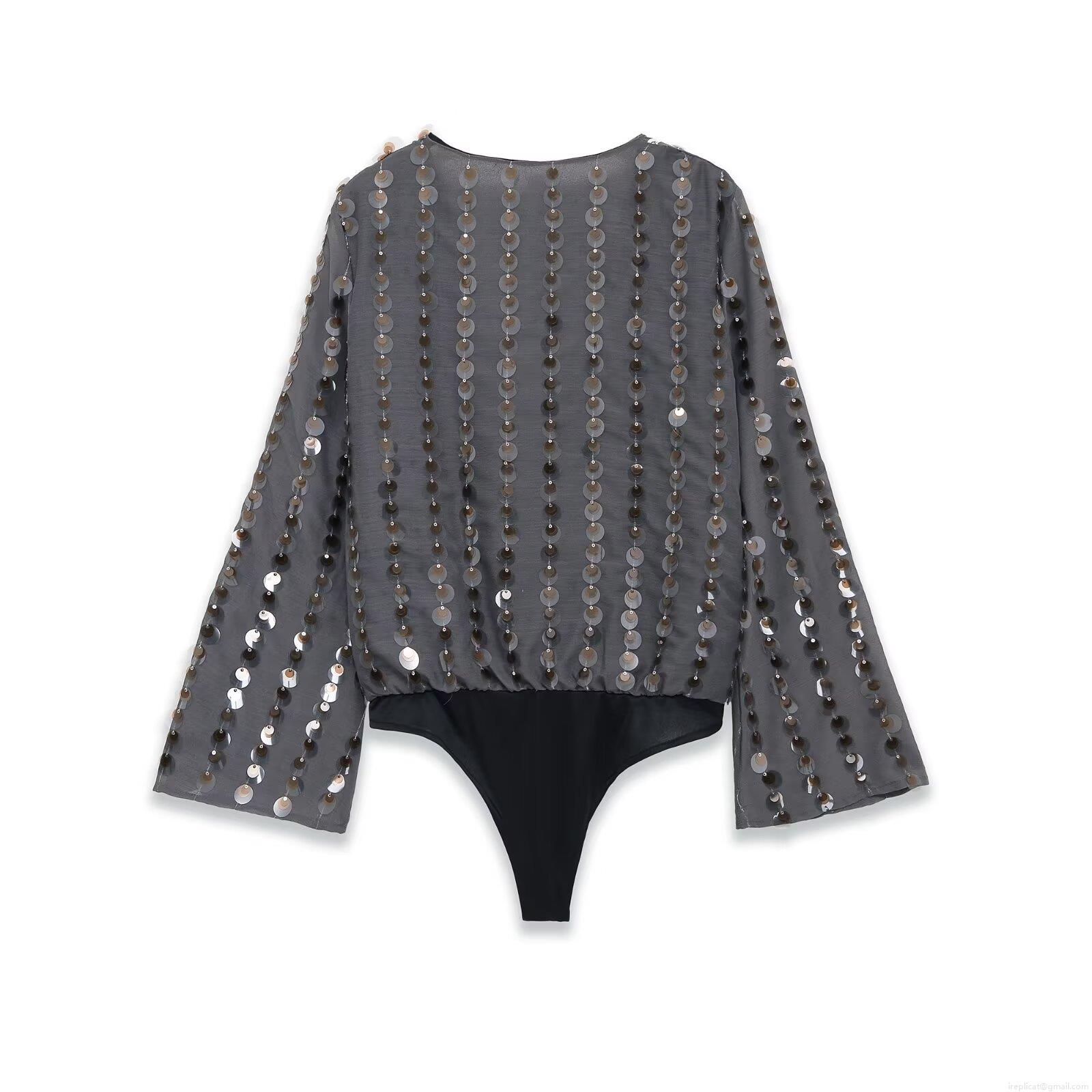 Elegant Sequin Bodysuit For Women Sexy Deep V-Neck Long Sleeve Charcoal Grey Polyester Party Clubwear Glamorous Bell Sleeve Tops One Piece Jumpsuit