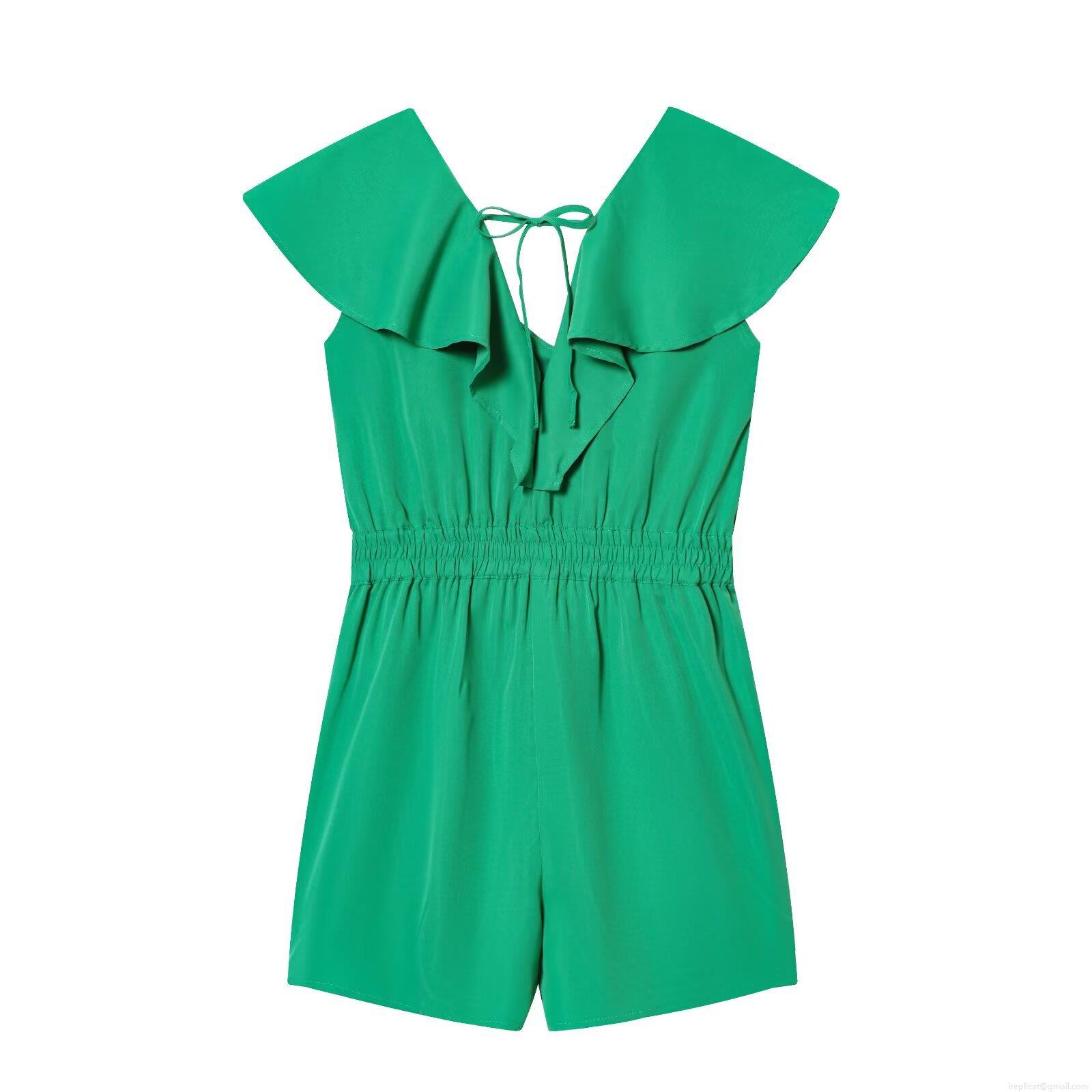 Women's Chic Green Ruffled V-Neck Romper 100% Polyester Sleeveless Jumpsuit With Back Tie And Elastic Waist Summer Fashion Short One-Piece For Women