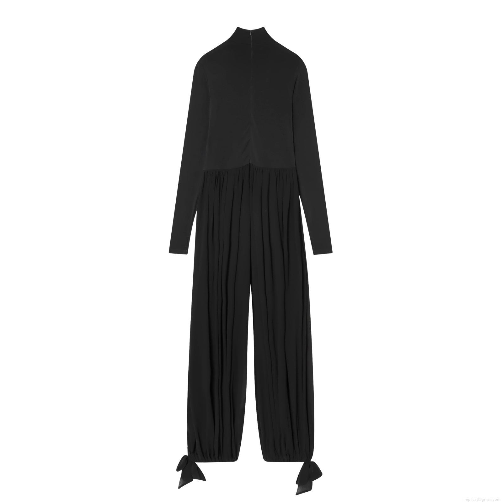 Women's Solid Black High Neck Long Sleeve Jumpsuit Loose Fit High Waist Pleated One Piece Romper With Thumbholes Bow Tie Ankle For Casual Winter