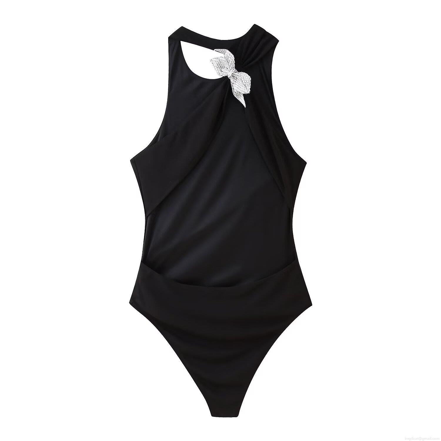 Women's Sexy Long Sleeve Bodysuit Polyester Alloy Rhinestone Bowknot Decor Hollow Out Leotard Slim Fit Fashion Party Jumpsuit Tops