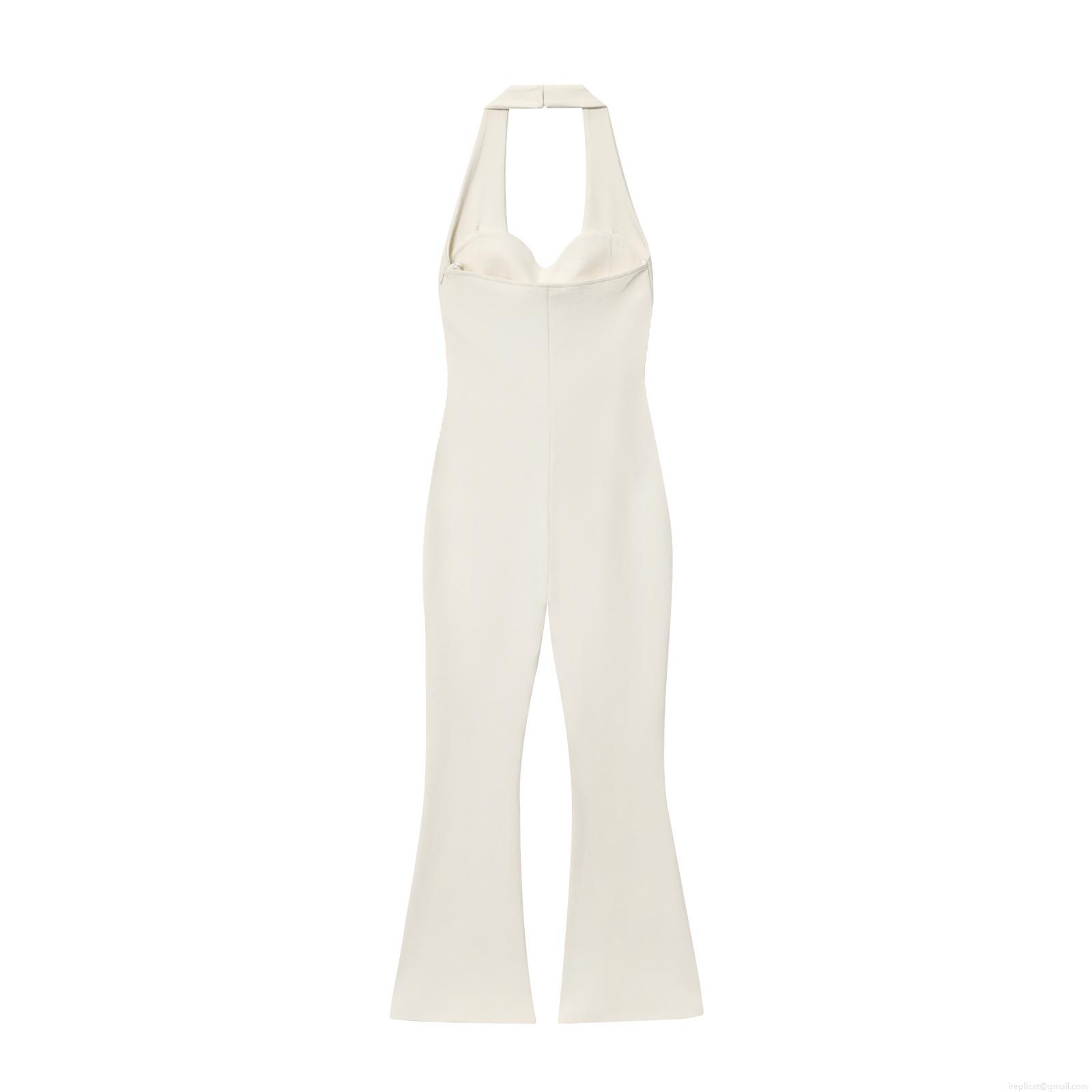 Sexy Halter Neck Backless Flared Jumpsuit Women Elegant Deep V Neck Slim Fit Bell-Bottom One-Piece Bodysuit Polyester Spandex Evening Party Clubwear