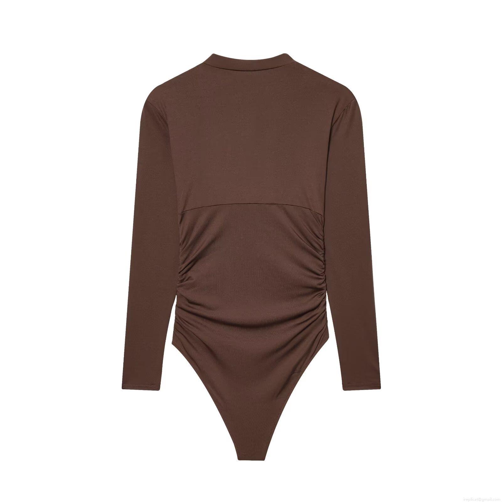 Women's Sexy Deep V-Neck Long Sleeve Ruched Bodysuit With U-Shaped Metal Buckle Slim Fit Solid Brown One-Piece Jumpsuit For Party Clubwear