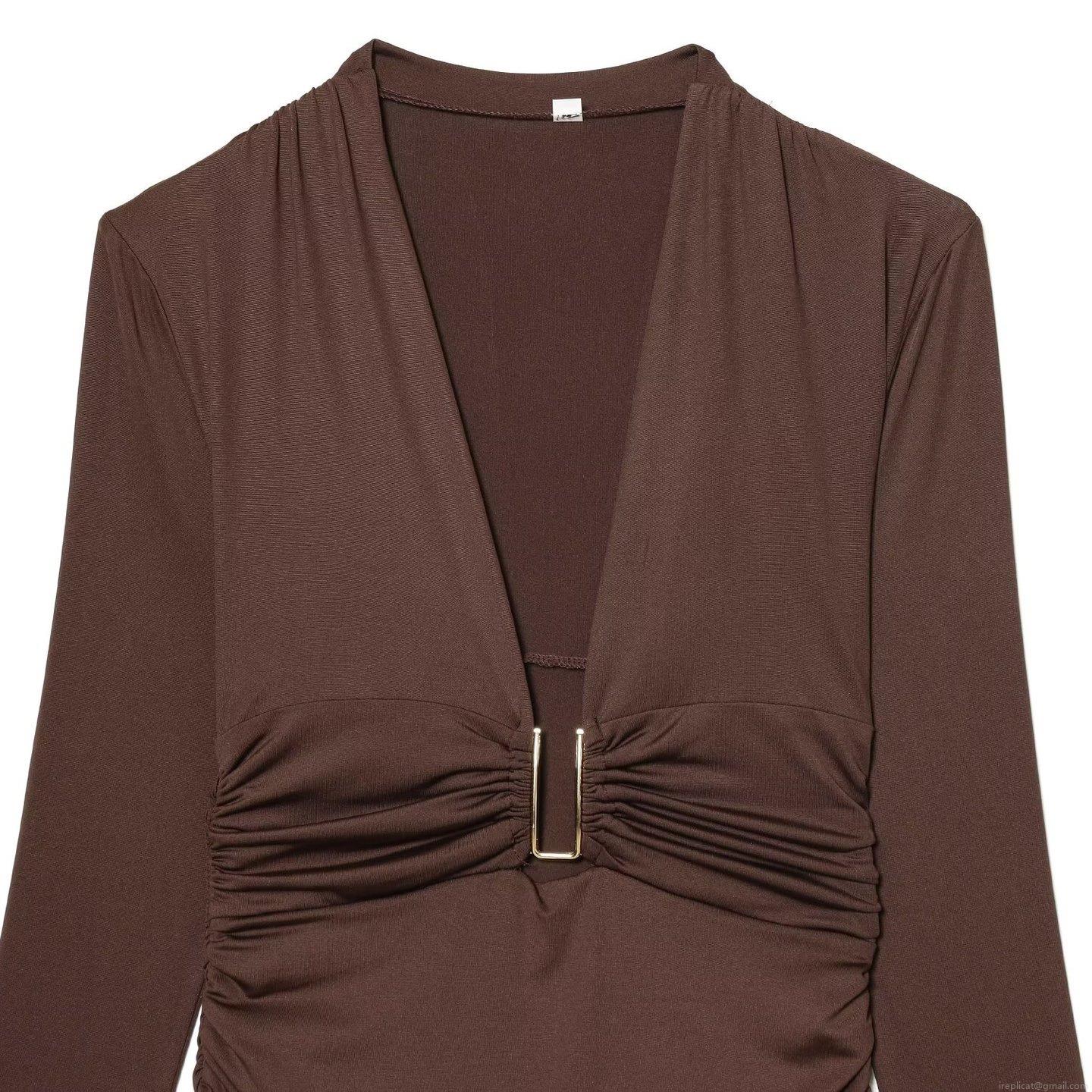 Women's Sexy Deep V-Neck Ruched Long Sleeve Bodysuit With Gold Metal Buckle Coffee Nylon Spandex Slim Fit Thong Bodysuit For Party Clubwear