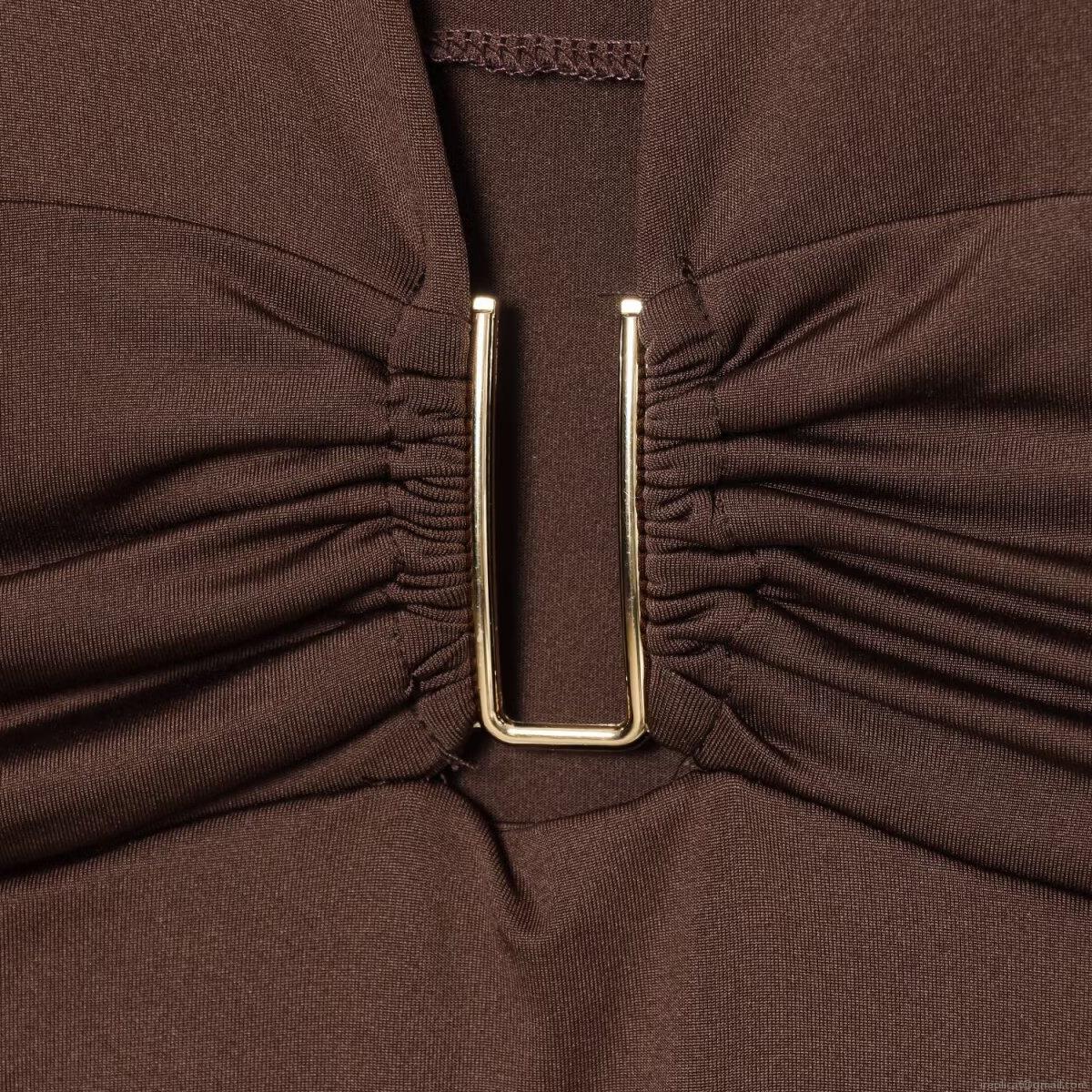 Women's Sexy Deep V-Neck Ruched Long Sleeve Bodysuit With Gold Metal Buckle Coffee Nylon Spandex Slim Fit Thong Bodysuit For Party Clubwear