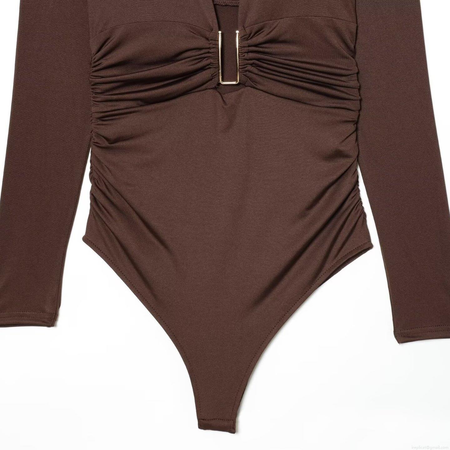 Women's Sexy Deep V-Neck Ruched Long Sleeve Bodysuit With Gold Metal Buckle Coffee Nylon Spandex Slim Fit Thong Bodysuit For Party Clubwear