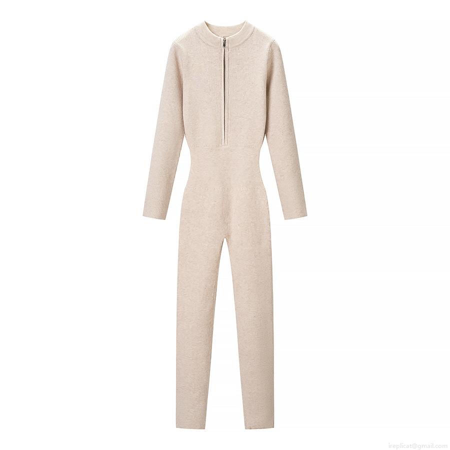 Women's Ribbed Knit Long Sleeve Jumpsuit Half Zipper High Neck Slim Fit Full Length Bodysuit For Casual Party Streetwear