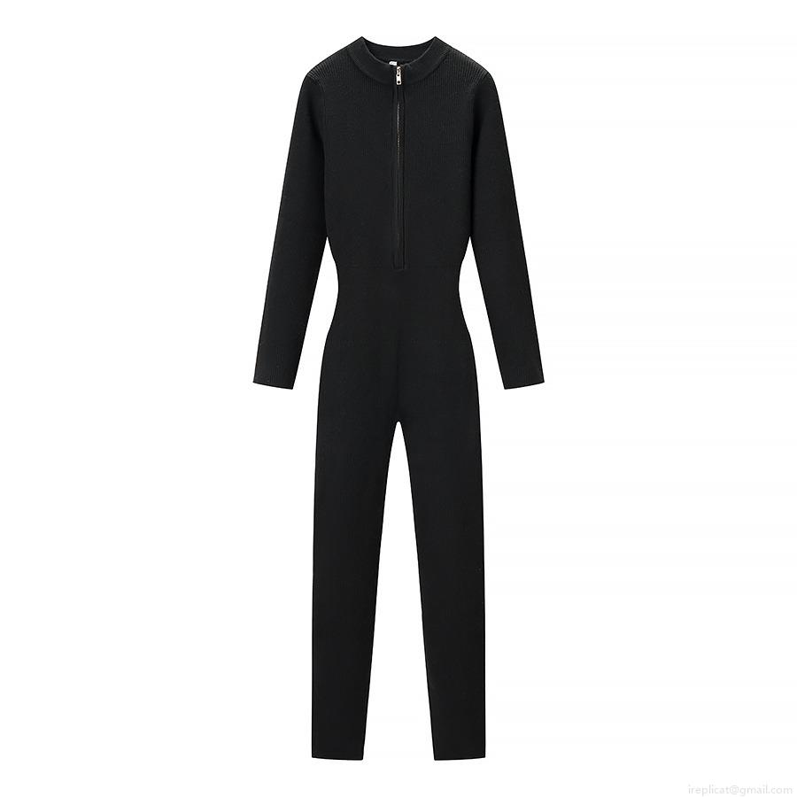 Women's Ribbed Knit Long Sleeve Jumpsuit Half Zipper High Neck Slim Fit Full Length Bodysuit For Casual Party Streetwear