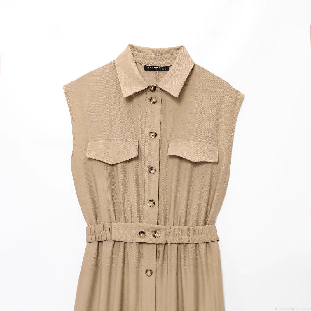 Women's Sleeveless Jumpsuit Solid Color Cotton Blend Workwear Style Lapel Button Up Romper With Belt Straight Leg Commuter Long Jumpsuits For Ladies