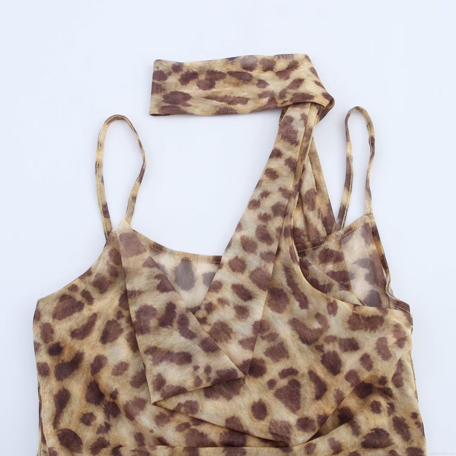 Women Sexy Leopard Print Mesh Bodysuit Asymmetric One Shoulder Halterneck Slim Fit Party Clubwear Sheer Mesh Leotard Top