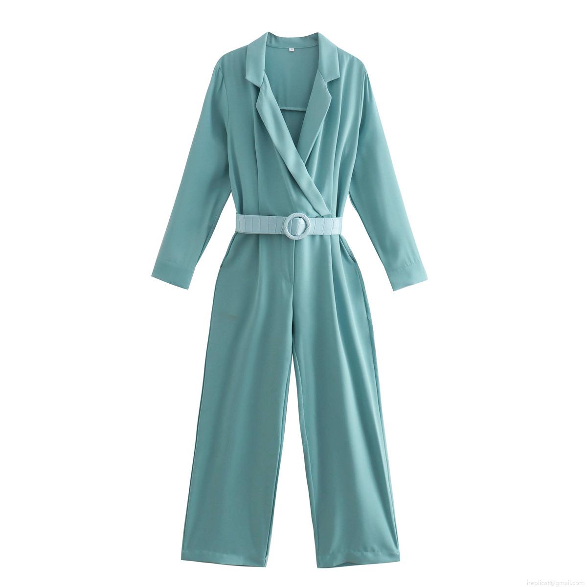 Women's Elegant Notched Lapel Long Sleeve Jumpsuit With Belt Casual Solid Color Wide Leg Romper One Piece Outfit For Office Party Ladies