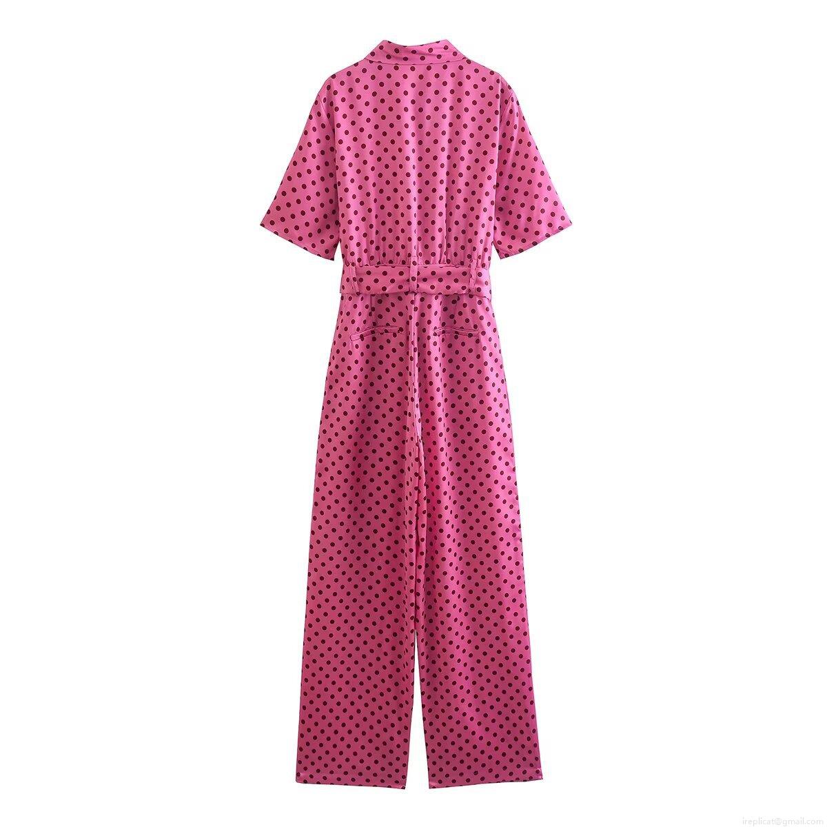 Women's Retro Polka Dot Jumpsuit Satin Luster Short Sleeve Turn-down Collar Belted Straight Wide Leg Romper One-Piece Outfit for Summer Vacation