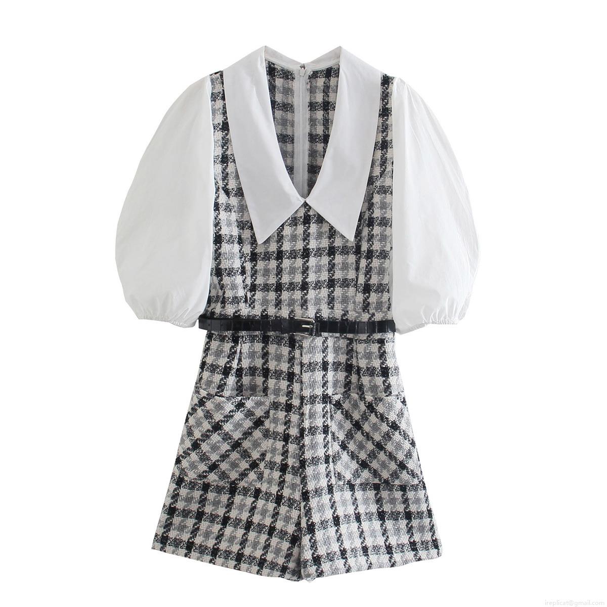 Women Vintage Plaid Tweed Jumpsuit Contrast White Peter Pan Collar Puff Sleeve Romper Elegant Short Jumpsuit With Belt For Party