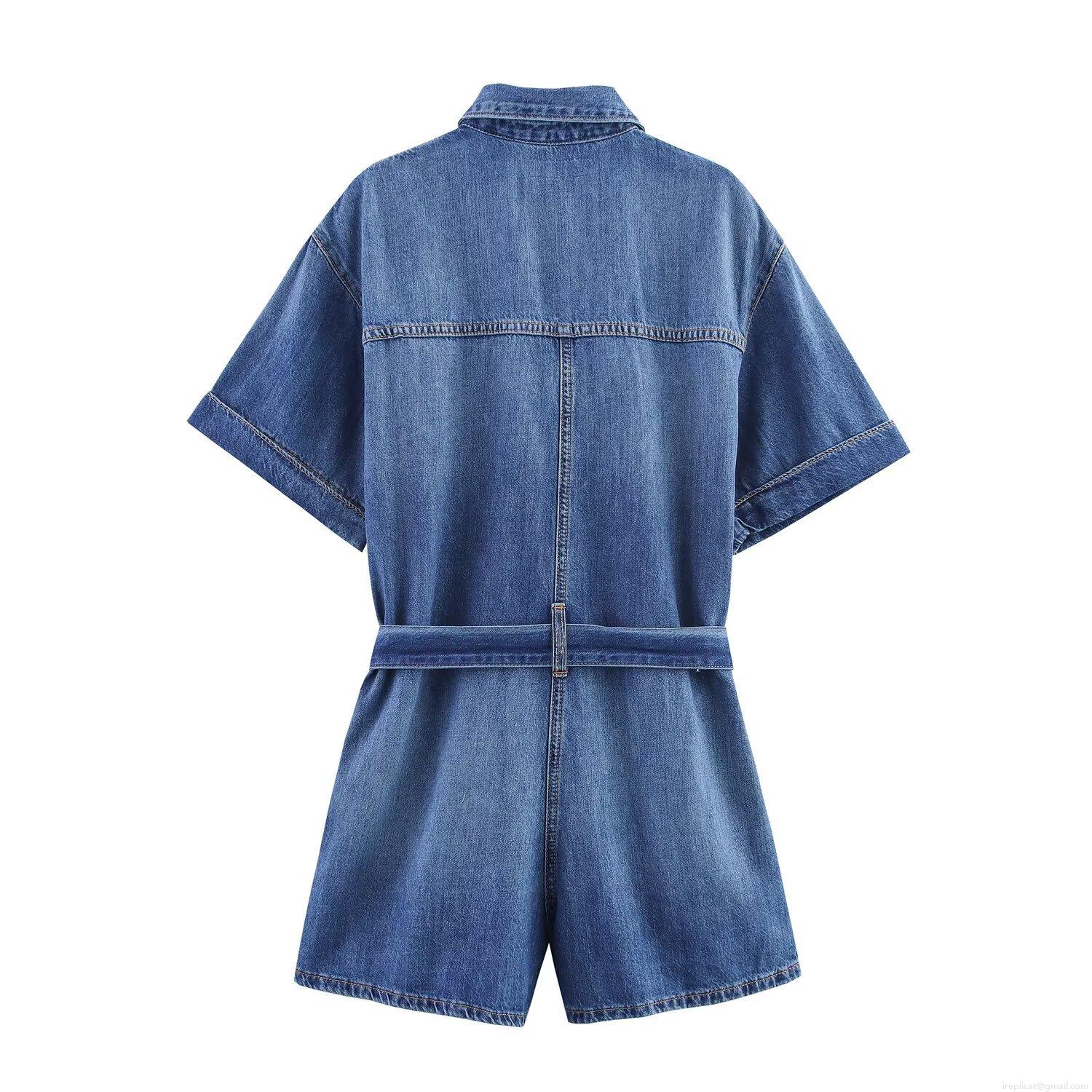 Women's Casual Denim Romper With Waist Tie Bow Lapel Collar Short Sleeve Jumpsuit Button Down Cotton Blend Summer Playsuit For Ladies