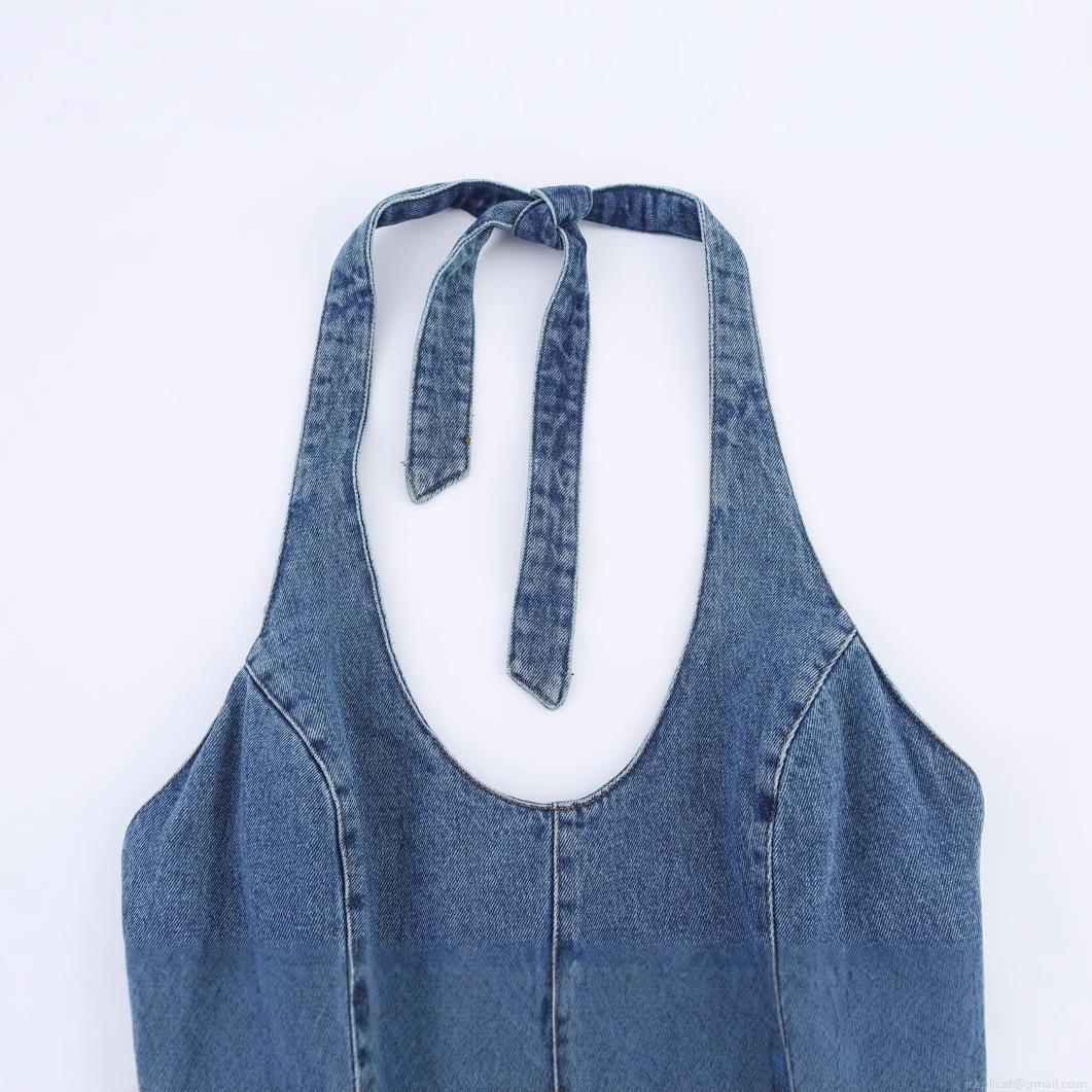 Women's Sexy Halter Neck Denim Romper Washed Blue Cotton Blend Jumpsuit Backless Sleeveless Straight Playsuit With Side Zipper For Summer Party Vacation