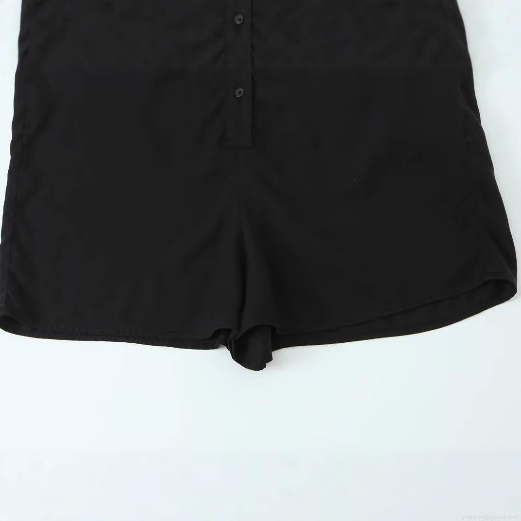 Women's Casual Cotton Blend Romper Jumpsuit With Pockets Turn-down Collar Single-breasted Short Sleeve Straight Leg Black One-piece Summer Sophisticated Ladies Clothing