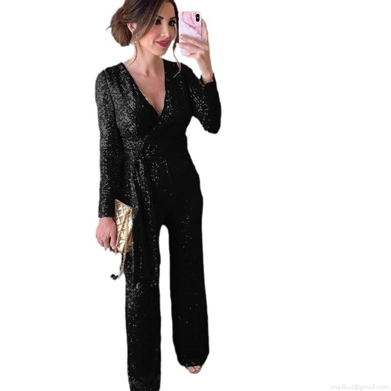 Women's Sexy Deep V-Neck Long Sleeve Sparkly Sequin Jumpsuit Elegant Waist Tie Full Sequin Romper For Party Evening Banquet Formal Clubwear