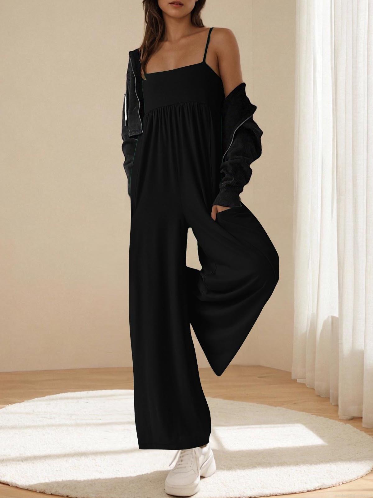 Women's Summer Casual Jumpsuit Polyester Sleeveless Square Neck Backless High Waist Wide Leg Long Romper With Pockets Solid Color Slim Fitting Commuter Style Fashion Jumpsuit
