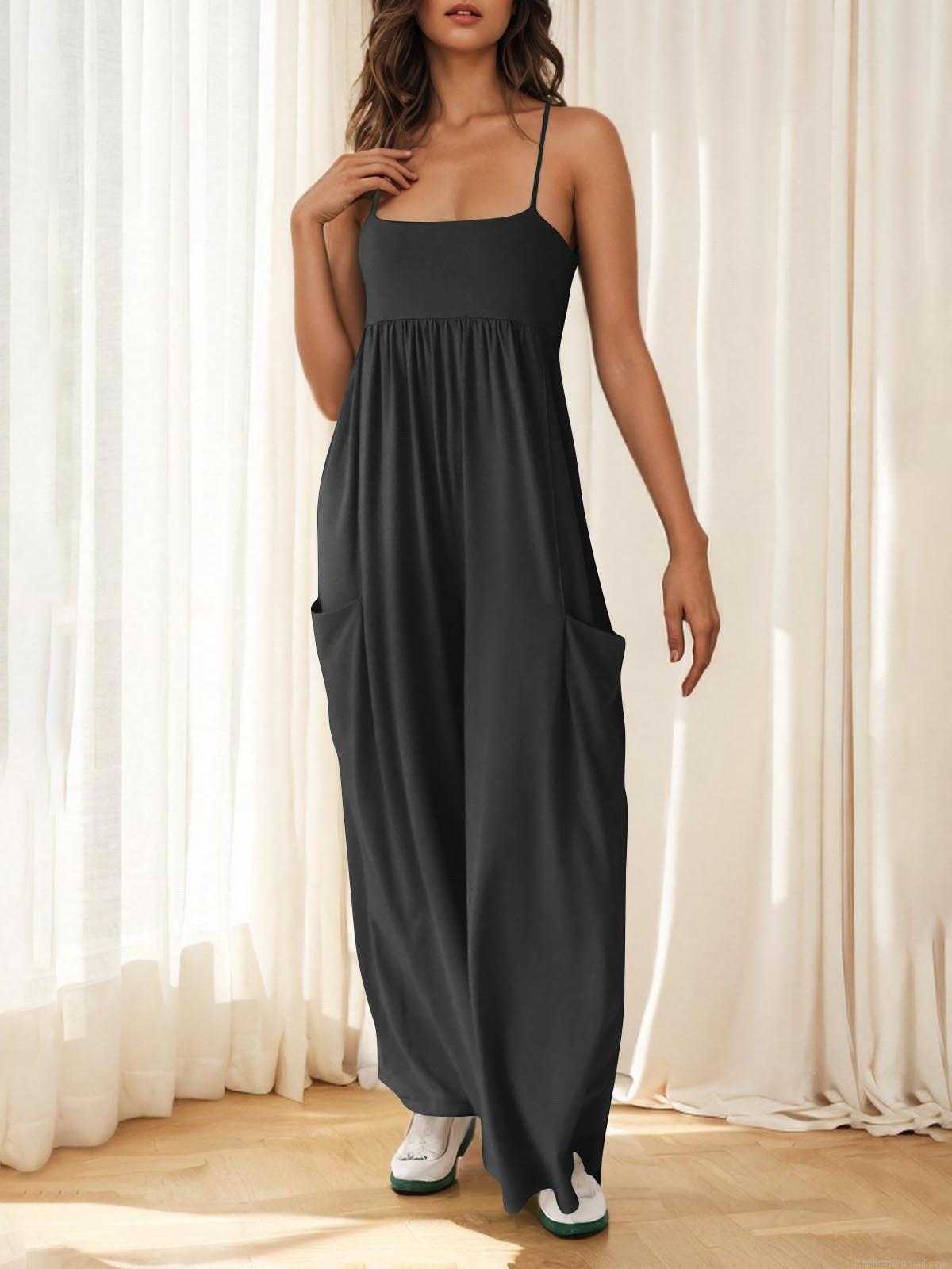 Women's Summer Casual Jumpsuit Polyester Sleeveless Square Neck Backless High Waist Wide Leg Long Romper With Pockets Solid Color Slim Fitting Commuter Style Fashion Jumpsuit