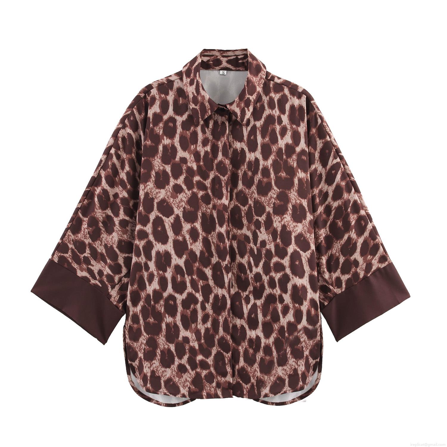 Women's Classic Leopard Print Loungewear Set Lapel Button Down Long Sleeve Shirt and Elastic Waist Wide Leg Pants Two Piece Polyester Casual Home Suit