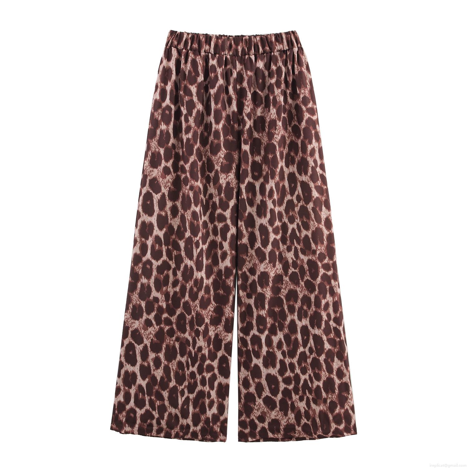 Women's Classic Leopard Print Loungewear Set Lapel Button Down Long Sleeve Shirt and Elastic Waist Wide Leg Pants Two Piece Polyester Casual Home Suit