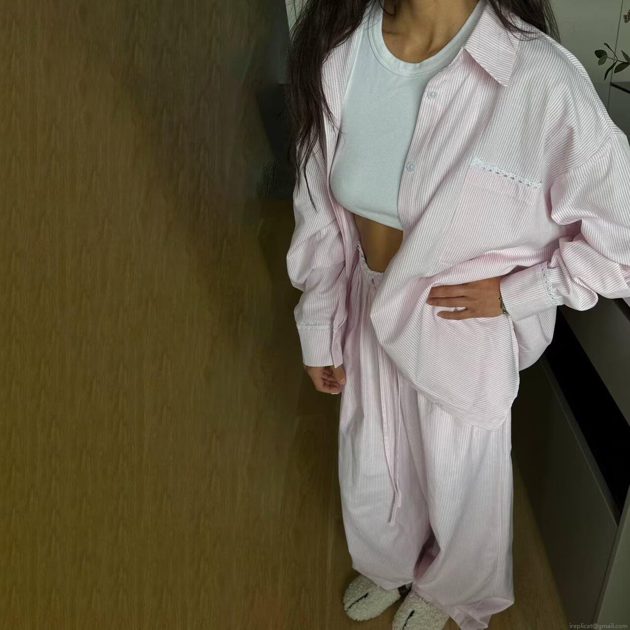 Women's Striped Loungewear Set Lace Stitching Long Sleeve Shirt and Pants Two-Piece Pajama Set for Casual Home Wear