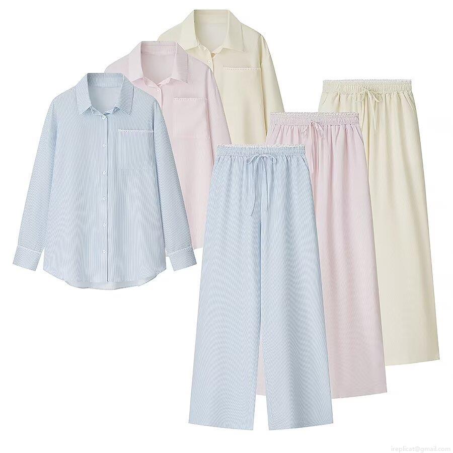 Women's Striped Loungewear Set Lace Stitching Long Sleeve Shirt and Pants Two-Piece Pajama Set for Casual Home Wear