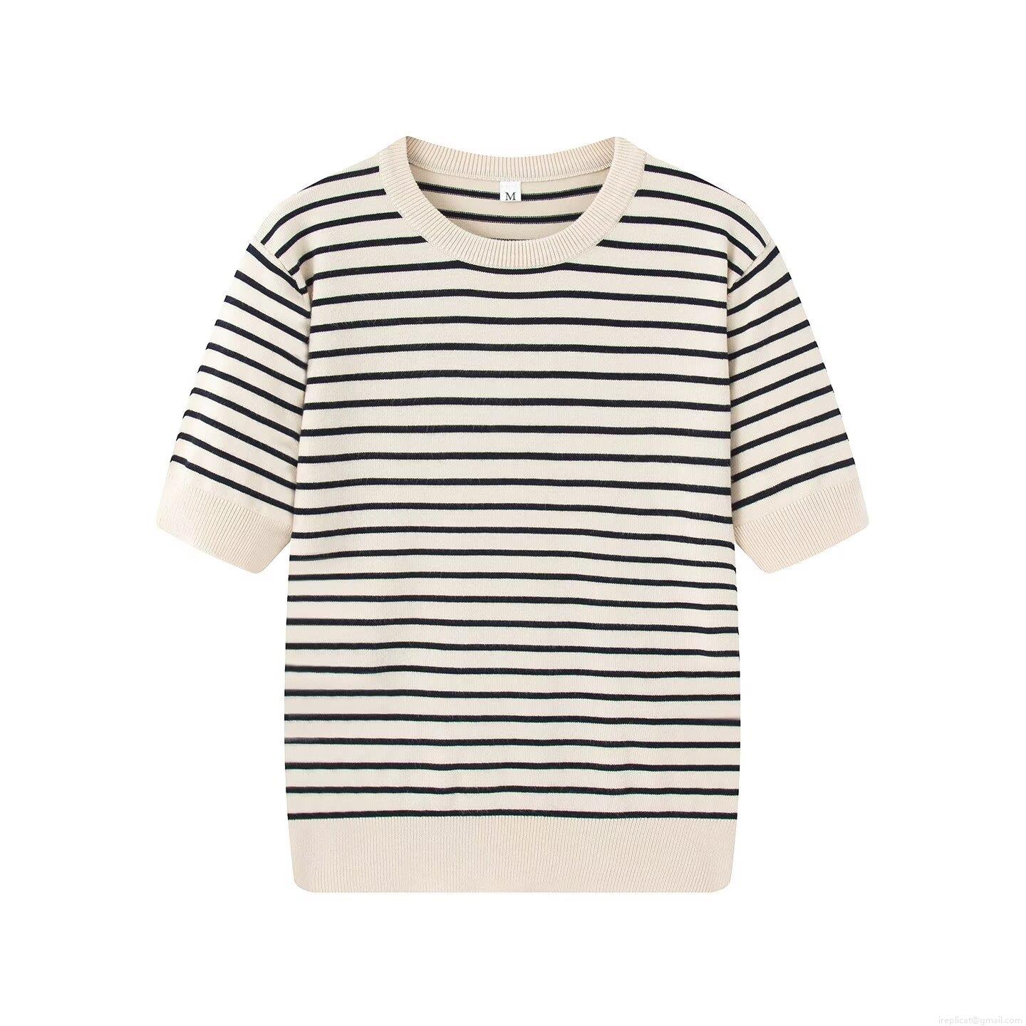 Women's Western Style Striped Knitted Cardigan And Short Sleeve Top Two Piece Casual Streetwear Set Round Neck Button Up Knitwear