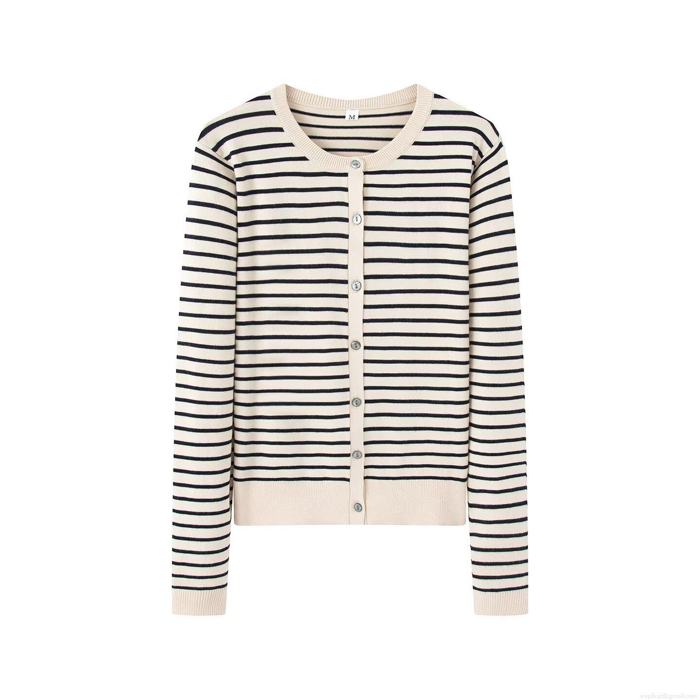 Women's Western Style Striped Knitted Cardigan And Short Sleeve Top Two Piece Casual Streetwear Set Round Neck Button Up Knitwear