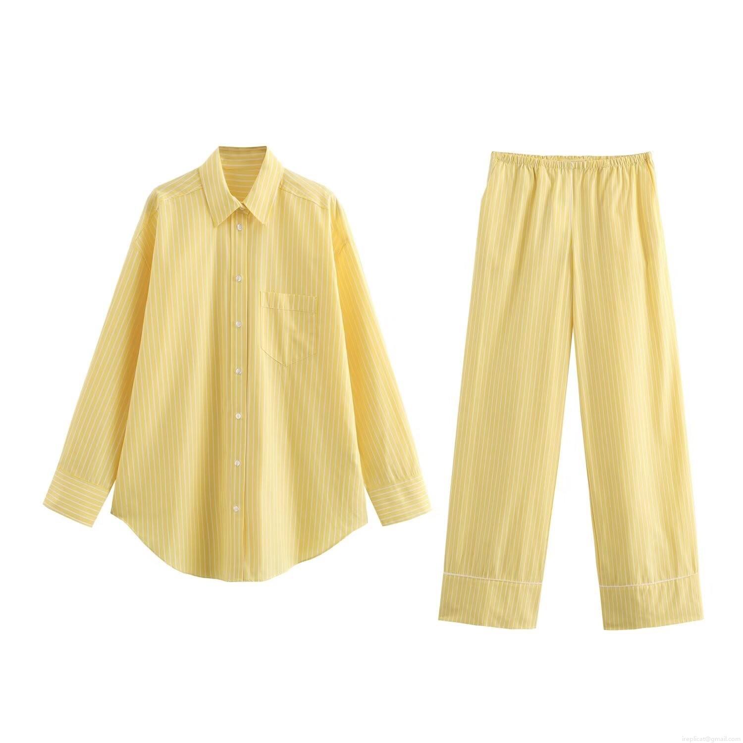 Women's Summer 2 Piece Striped Lounge Set Casual Loose Long Sleeve Button Down Shirt And High Waist Straight Leg Pants Polyester Tracksuit Two Piece Outfits For Streetwear Vacation Home Wear