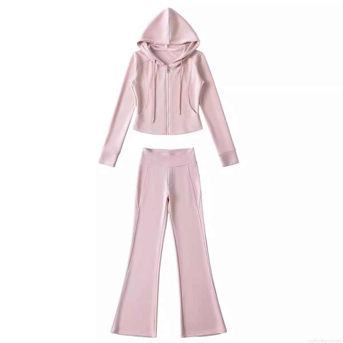 Women's Casual Sports Set Polyester Zip Up Short Hoodie Jacket and High Waist Micro Flare Pants 2 Piece Lounge Yoga Outfits Solid Color