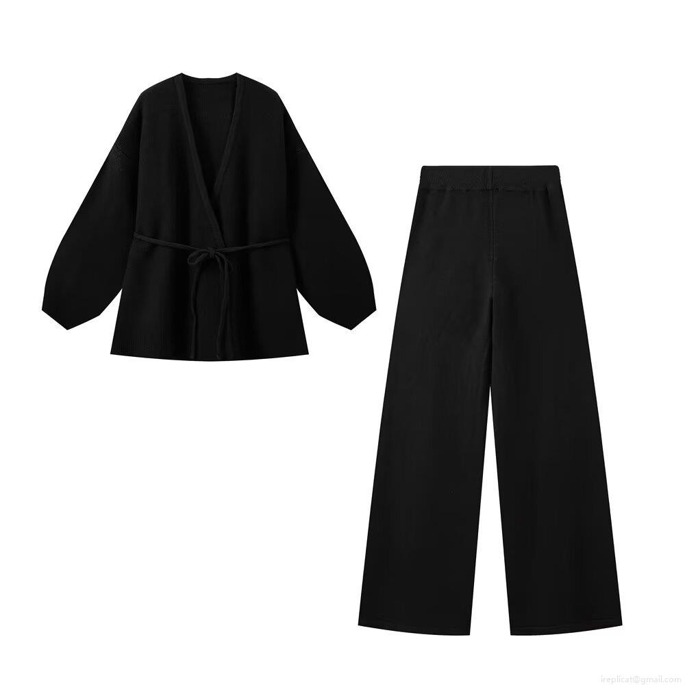 Women's 2 Piece Knit Outfits Casual Long Sleeve Wrap V Neck Tie Up Cardigan And High Waist Wide Leg Long Pants Set Soft Loungewear For Autumn Winter Streetwear