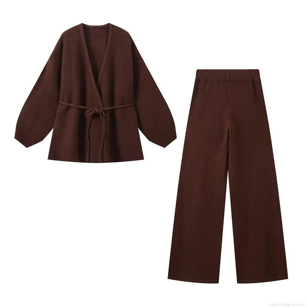 Women's 2 Piece Knit Outfits Casual Long Sleeve Wrap V Neck Tie Up Cardigan And High Waist Wide Leg Long Pants Set Soft Loungewear For Autumn Winter Streetwear
