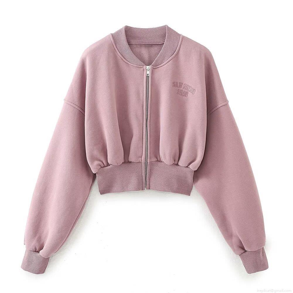 Women's 2-Piece Embroidery Sweatshirt and Joggers Set Zip Up Stand Collar Short Hoodie High Waist Wide Leg Pants Streetwear Casual Warm Tracksuit