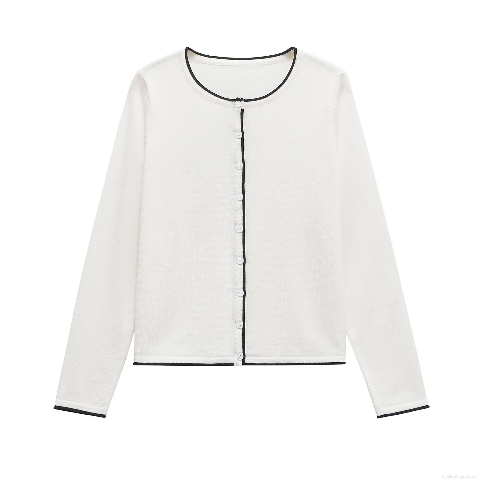 Women's 3-Piece Knit Set Contrast Trim Long Sleeve Cardigan Short Sleeve T-Shirt Cami Vest Casual Streetwear Outfits Mercerized Cotton White Black Trim Knitwear Tops
