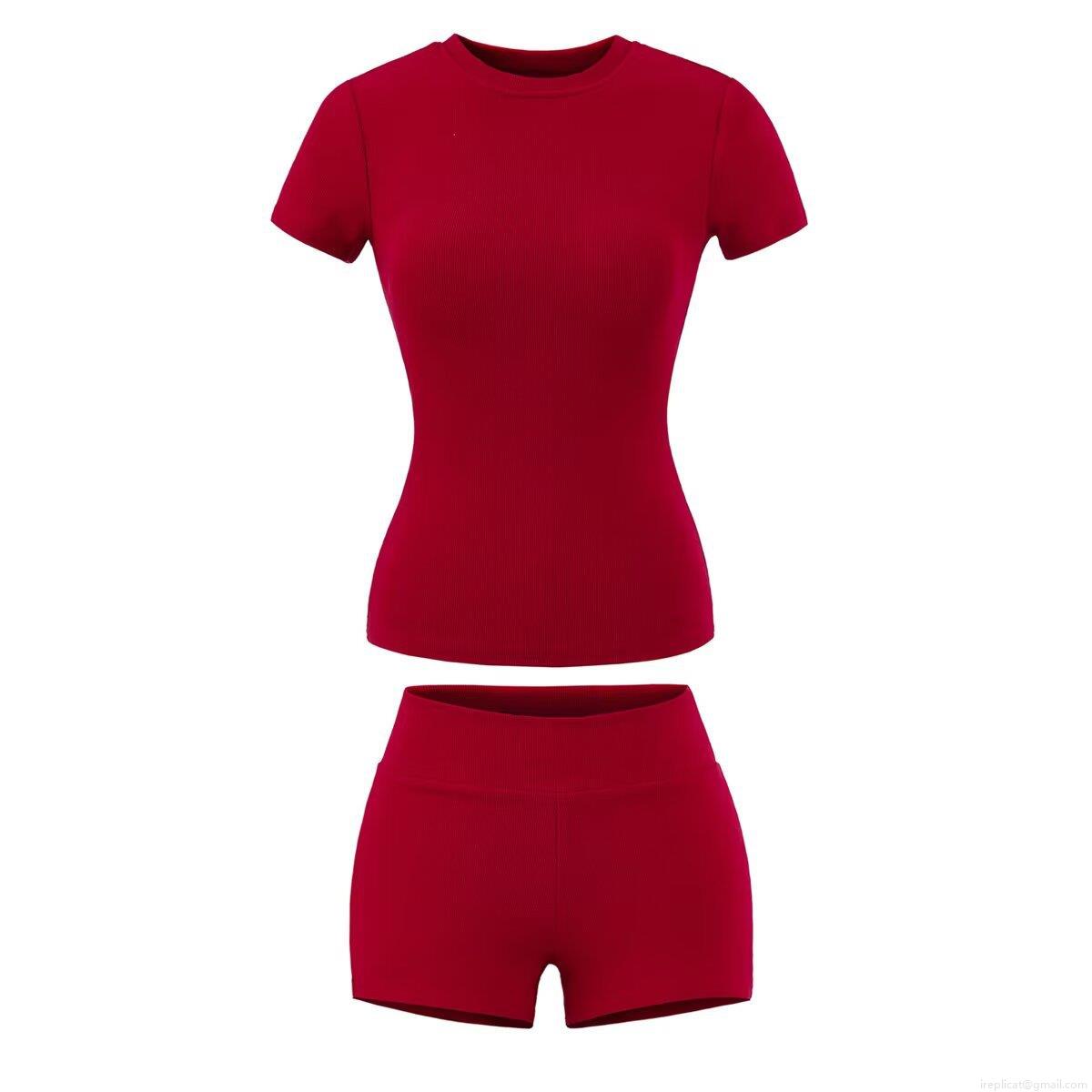 Women's Ribbed Knit Two Piece Set Round Neck Short Sleeve Slim Fit T-Shirt and High Waist Bodycon Shorts Casual Summer Loungewear Sportswear Outfits