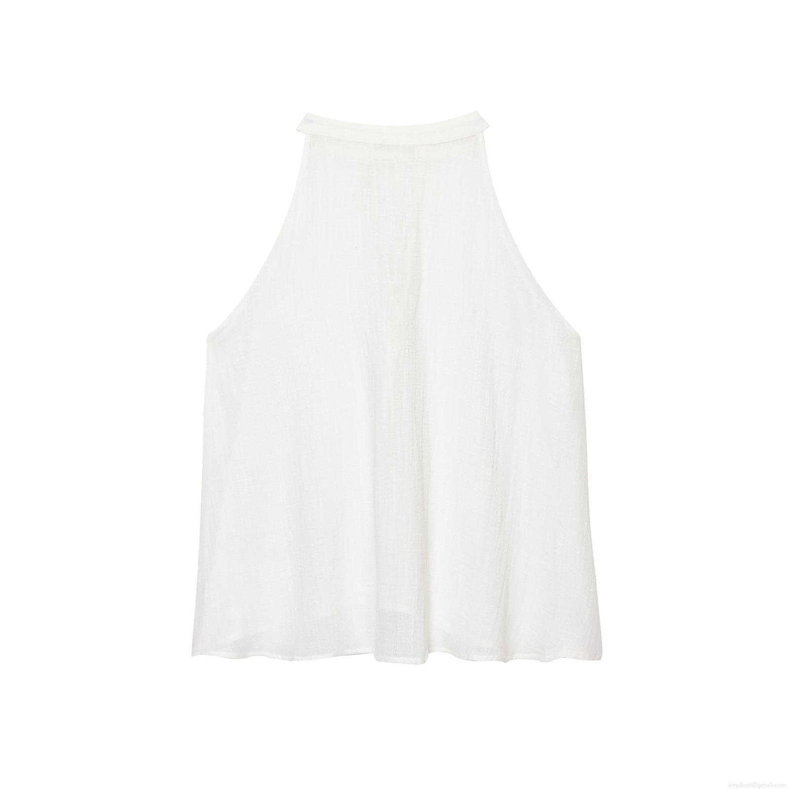 Summer Women Halter Neck Sleeveless Tie Top And High Waist Midi Skirt Two Piece Set Plain White Polyester Cotton Linen Blend Casual Outfits