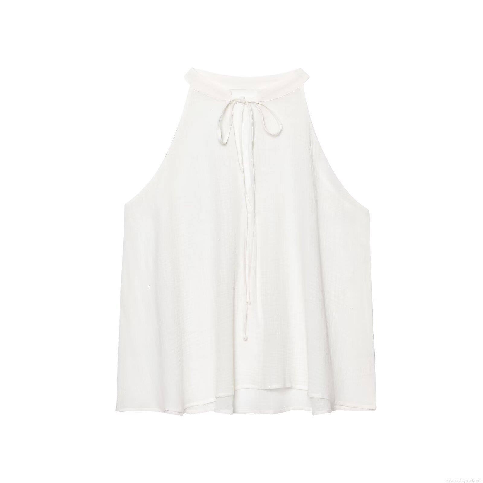 Summer Women Halter Neck Sleeveless Tie Top And High Waist Midi Skirt Two Piece Set Plain White Polyester Cotton Linen Blend Casual Outfits