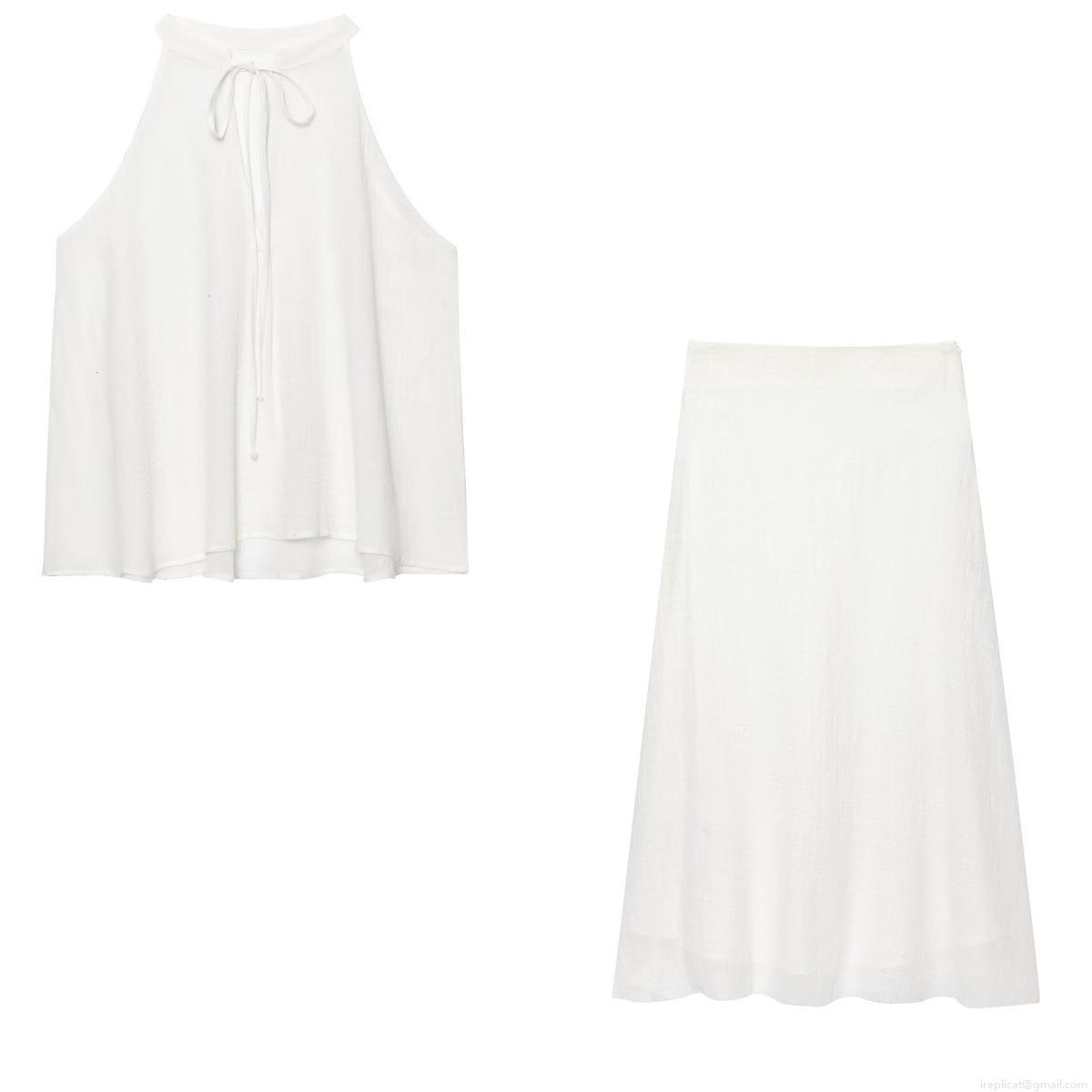 Summer Women Halter Neck Sleeveless Tie Top And High Waist Midi Skirt Two Piece Set Plain White Polyester Cotton Linen Blend Casual Outfits
