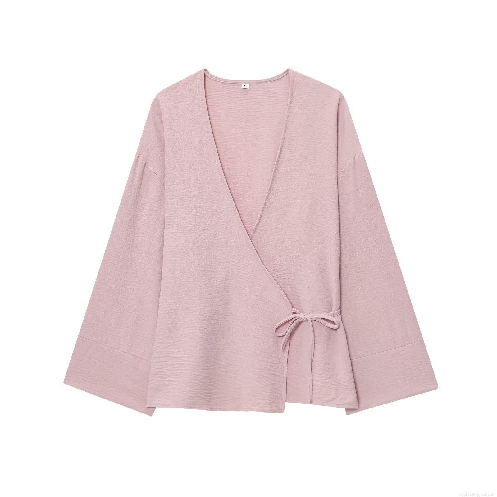 Women Two Piece Set Crepe Textured Wrap V Neck Long Sleeve Top And Wide Leg Trousers Dried Rose Pink Minimalist Lounge Wear Summer Casual Outfit