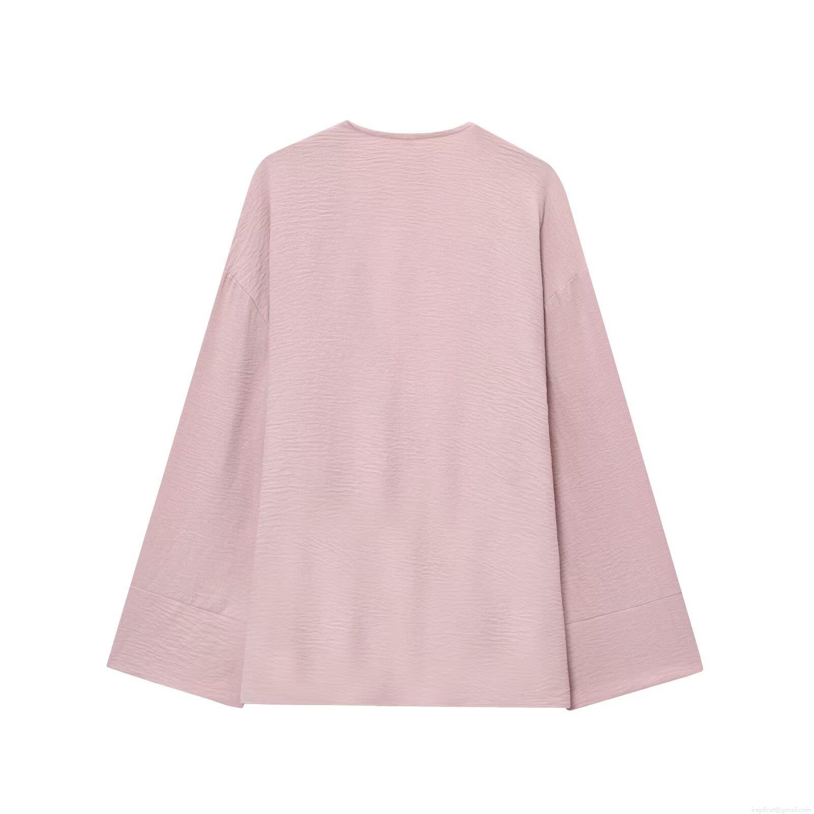 Women Two Piece Set Crepe Textured Wrap V Neck Long Sleeve Top And Wide Leg Trousers Dried Rose Pink Minimalist Lounge Wear Summer Casual Outfit
