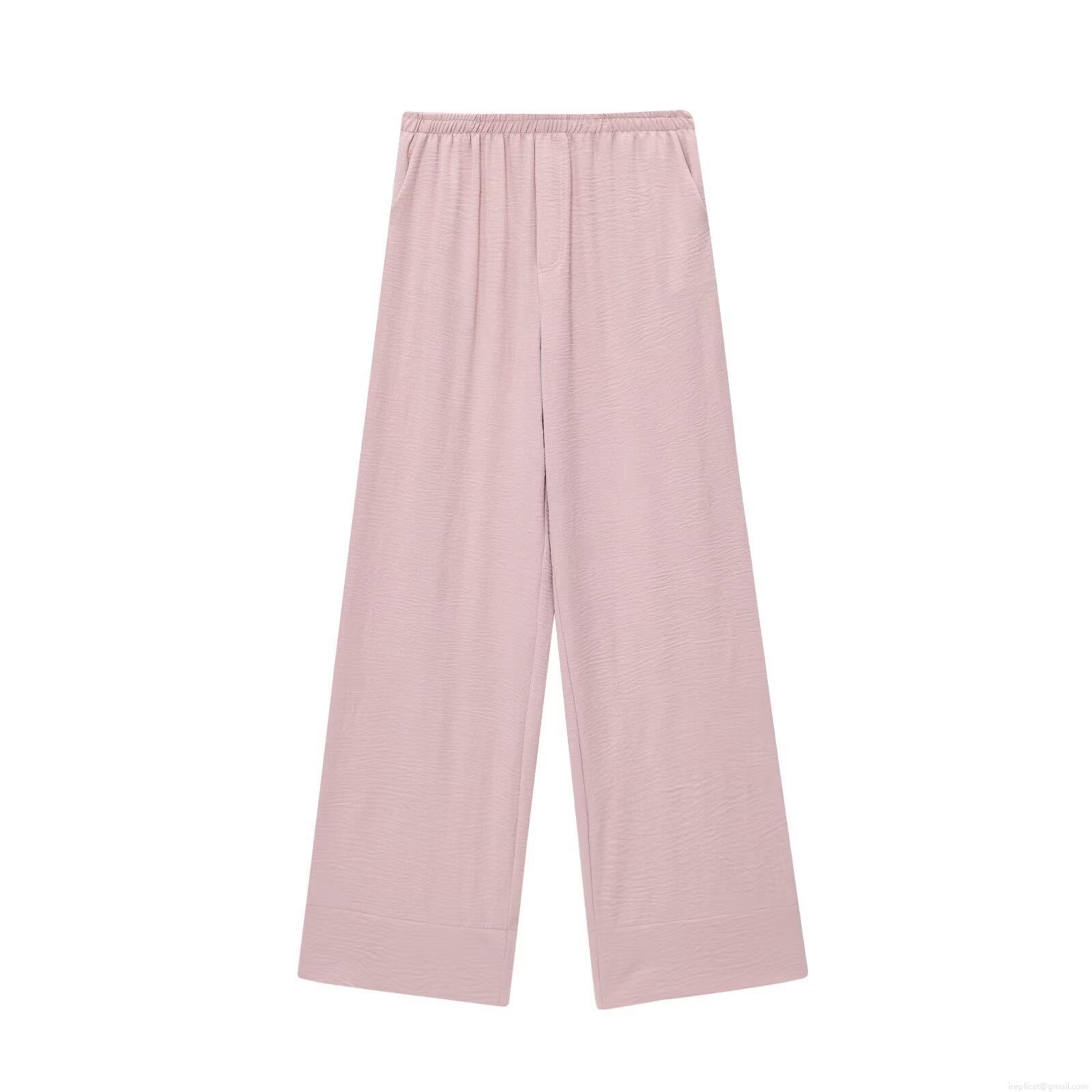 Women Two Piece Set Crepe Textured Wrap V Neck Long Sleeve Top And Wide Leg Trousers Dried Rose Pink Minimalist Lounge Wear Summer Casual Outfit