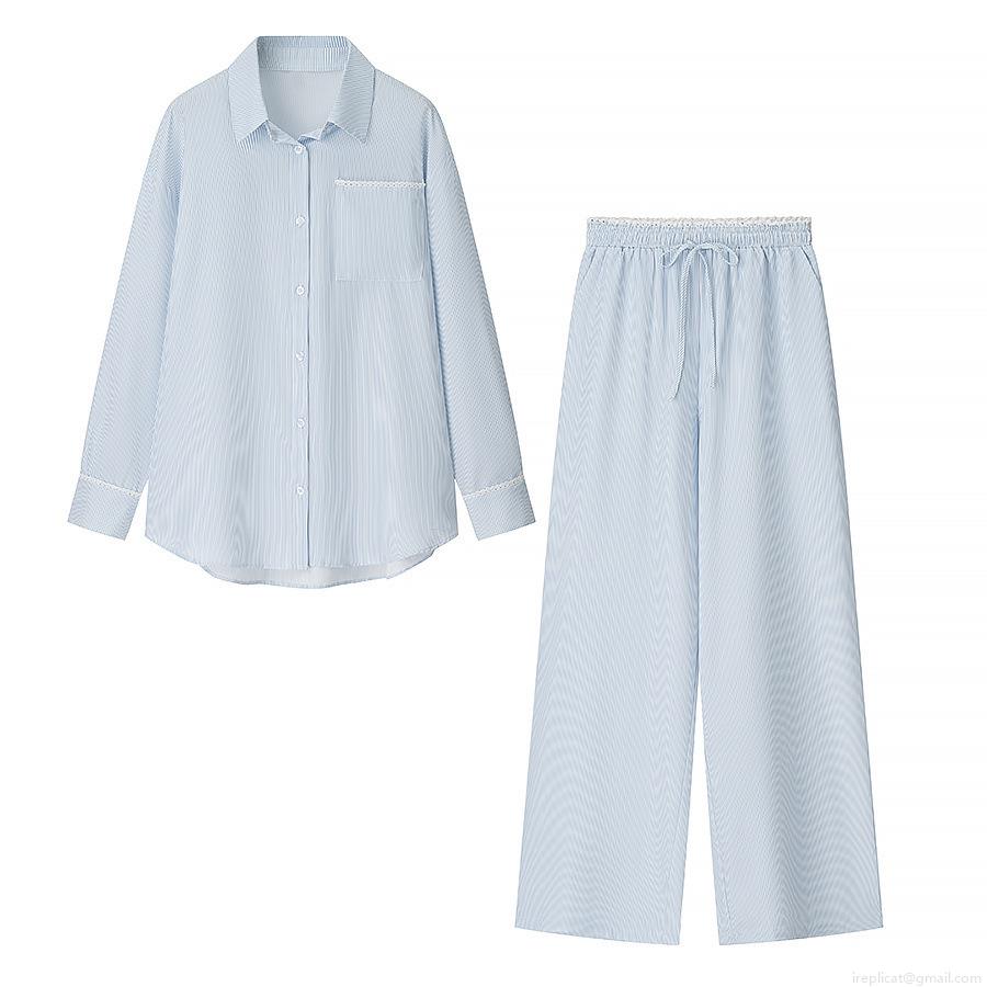 Women's Striped Lace Trim Loungewear Set Polyester Long Sleeve Button Down Shirt And Elastic Waist Wide Leg Casual Pants Street Fashion Two Piece Set
