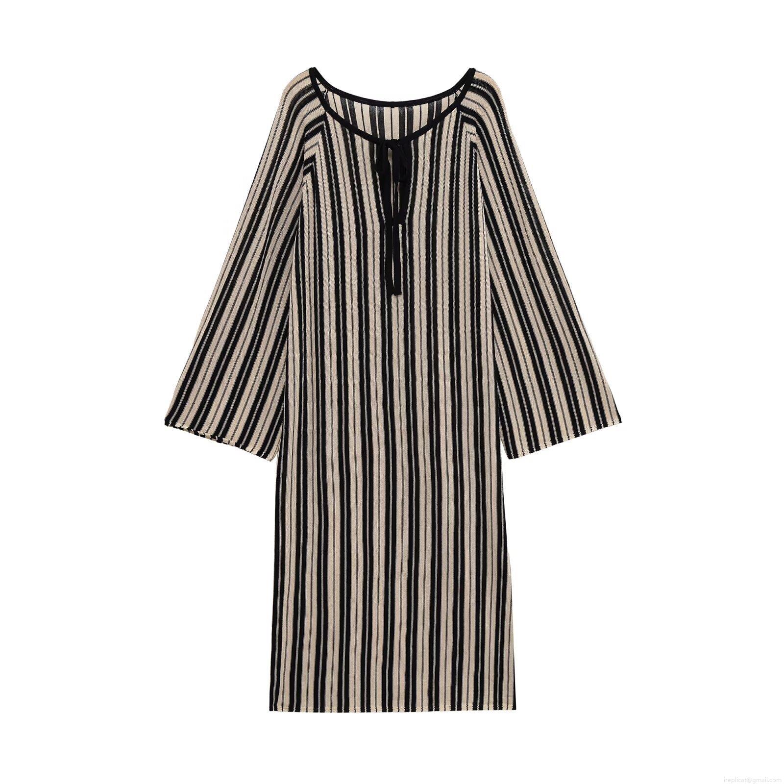 Women's Striped Knit Casual Loungewear Set Long Sleeve Henley Top Wide Leg Pants And V Neck Tie Midi Dress Soft Autumn Three Piece Co-ords Outfits