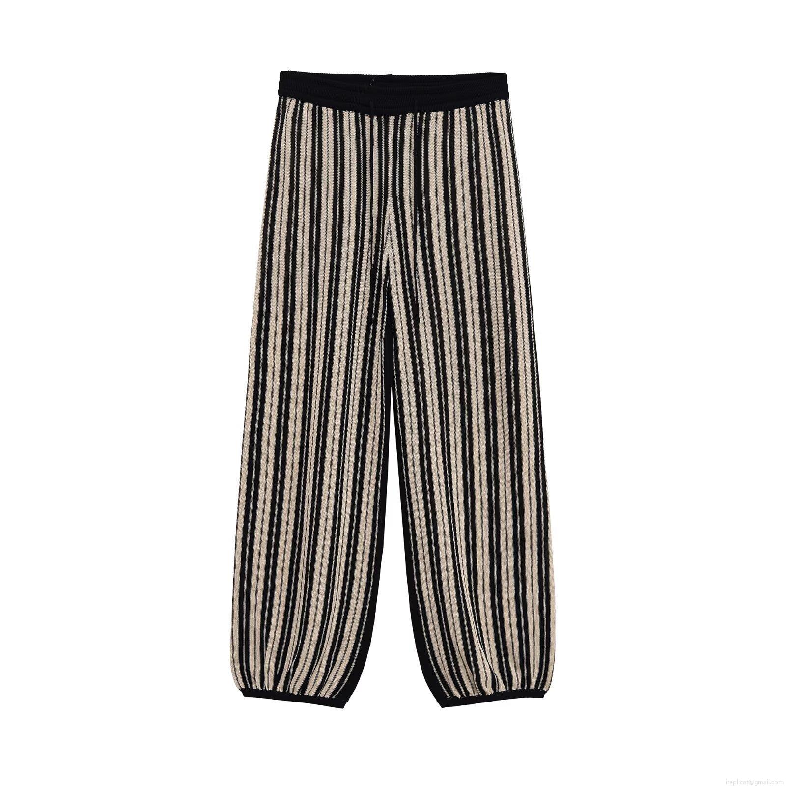 Women's Striped Knit Casual Loungewear Set Long Sleeve Henley Top Wide Leg Pants And V Neck Tie Midi Dress Soft Autumn Three Piece Co-ords Outfits