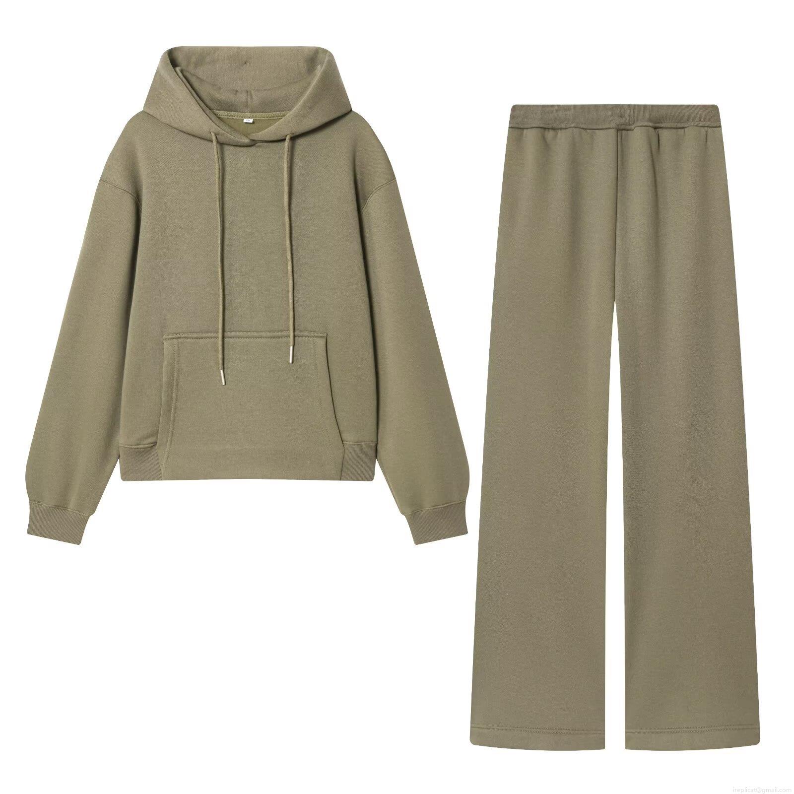 Women's Casual Solid Color Loungewear Set Fleece Lined Drawstring Hoodie and Wide Leg Pants Two Piece Outfits Soft Knit Sweatshirt Streetwear