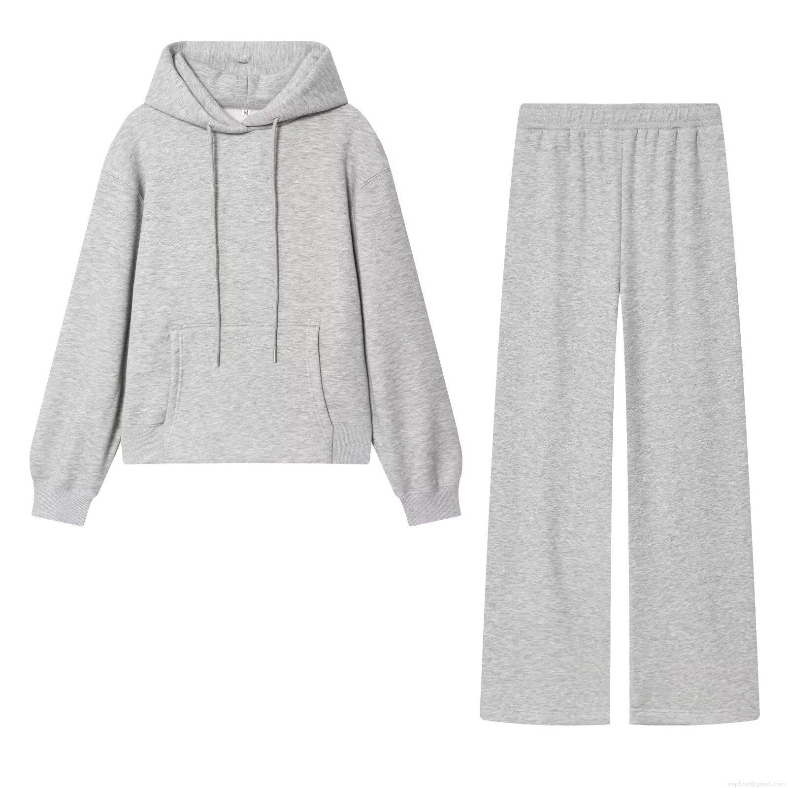Women's Casual Solid Color Loungewear Set Fleece Lined Drawstring Hoodie and Wide Leg Pants Two Piece Outfits Soft Knit Sweatshirt Streetwear