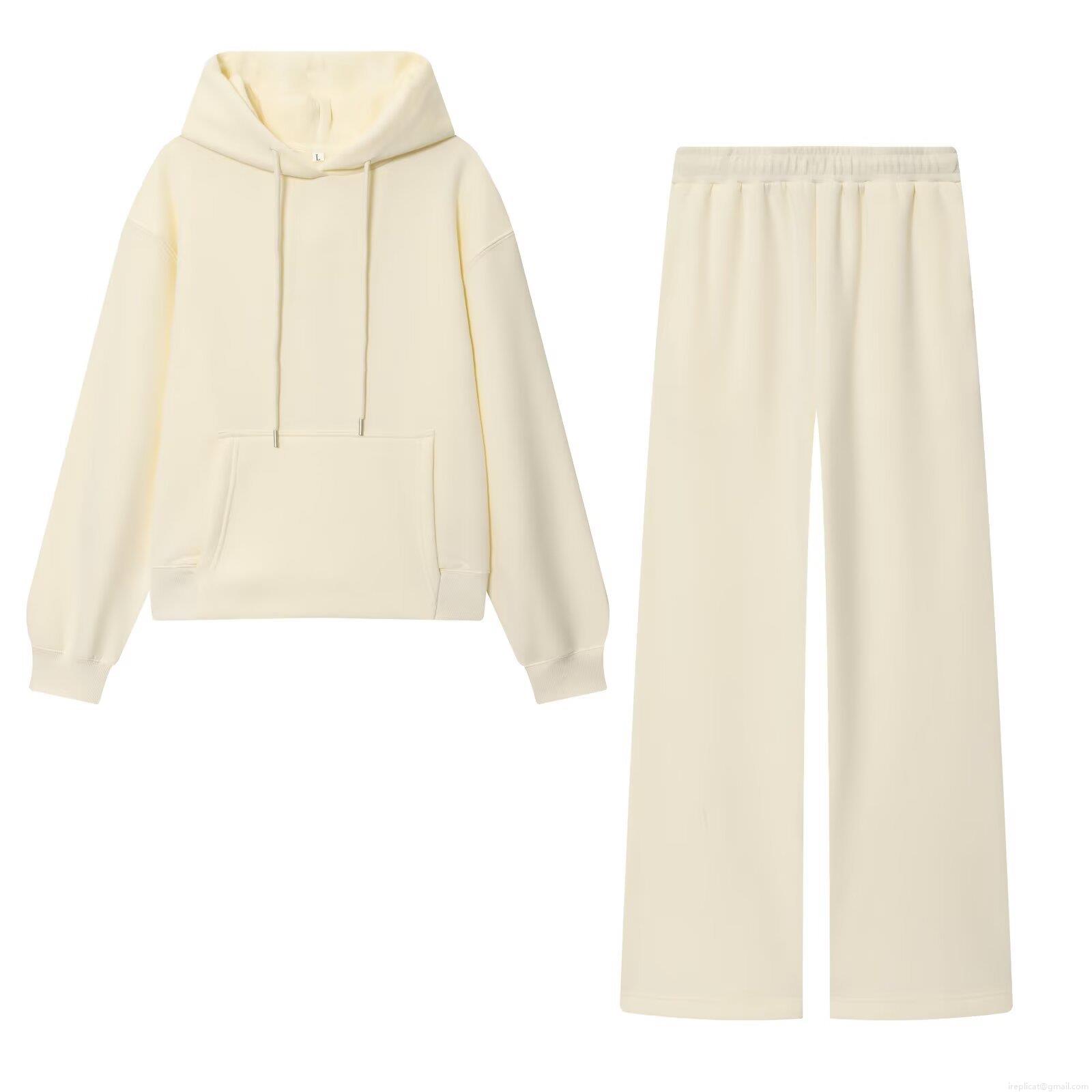 Women's Casual Solid Color Loungewear Set Fleece Lined Drawstring Hoodie and Wide Leg Pants Two Piece Outfits Soft Knit Sweatshirt Streetwear