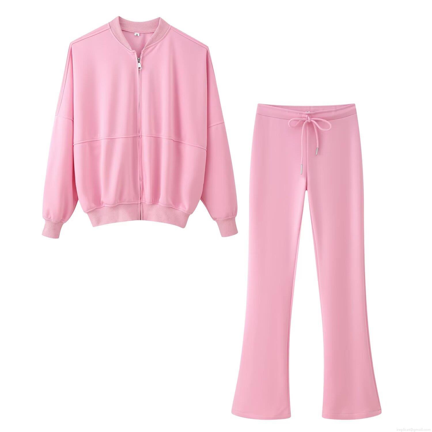Women's 2 Piece Casual Outfits Polyester Zip Up Stand Collar Loose Jacket and High Waist Flared Pants Set Streetwear Autumn Sporty Tracksuit